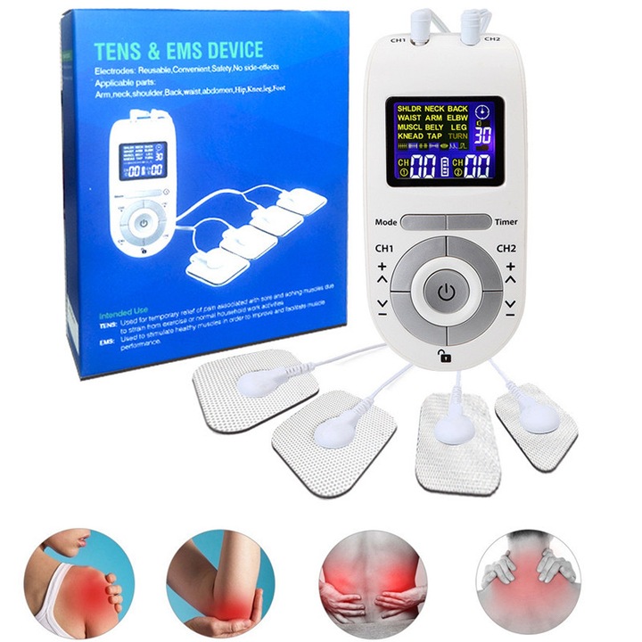 Aparat De Masaj Cu Electrostimulare Pentru Fizioterapie/Electroterapie, Cu 40 Niveluri De Intensitate, 8 Electrozi, Doua Canale De Utilizare, 12 Programe De Masaj, Display Digital, Alb