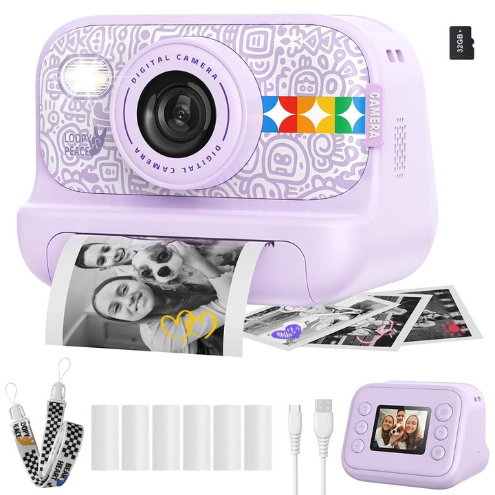 EXCITAT® Camera foto instant pentru copii - Video 1080P / Foto 48MP - Include 6 role de hartie, cadou ideal pentru copii 3-12 ani, Mov
