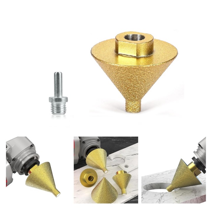 Carota diamantata, pentru polizor unghiular, utilizare la gaurire, rotire muchii, slefuire, AjieQaQ，potrivita pentru gresie, ceramica, marmura, sticla, granit, lemn, forma conica, filet M10, 38 mm, culoare aurie