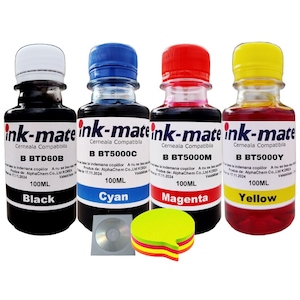 Set Cerneala Ink-Mate Compatibil Brother 1x100ml BTD60BK, 1x100ml BT5000C, 1x100ml BT5000M, 1x100ml BT5000Y + 1x Notes 5 culori si 1xCd-r Maxell