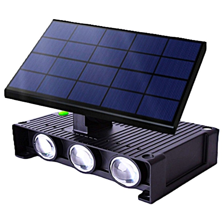 Лампа за стена, Соларна, RGB 72DESI, двупосочно осветление, 20W, 840 lm, 6 мощни светодиода с лупа, 1.7W регулируем соларен панел, бяла/топла и RGB светлина, акумулаторна батерия 2200mAh, IP65 водоустойчива, идеална за градина, двор или външни фасади