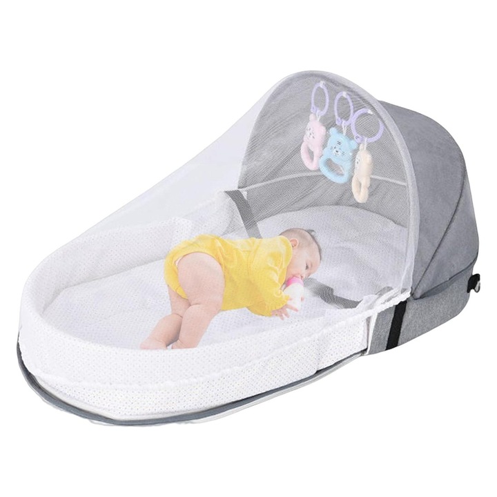 Преносимо бебешко креватче, ZGGZERG, С мрежа против комари, Лесно за инсталиране, Може да се пере, За 0-12 месеца, Лесно за носене, Здрав материал, Идеално за пътуване, PP памук + гъба, 80*40*45 см, Сиво