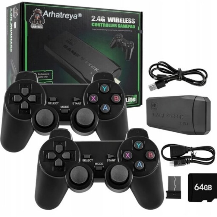 Stick pentru jocuri video, Consola de jocuri video Lite 4K, controler, Arhatreya®，fara fir dublu M8 64GB Pana la 20000 de jocuri retro pentru