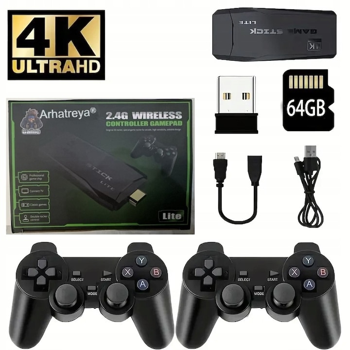 Stick pentru jocuri video, Consola de jocuri video Lite 4K, controler, Arhatreya®，fara fir dublu M8 64GB Pana la 20000 de jocuri retro pentru