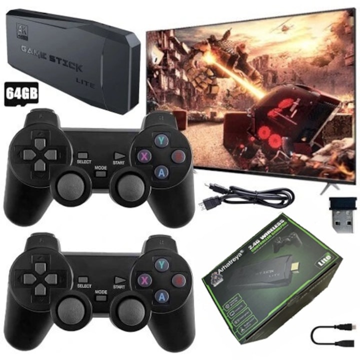 Stick pentru jocuri video, Consola de jocuri video Lite 4K, controler, Arhatreya®，fara fir dublu M8 64GB Pana la 20000 de jocuri retro pentru