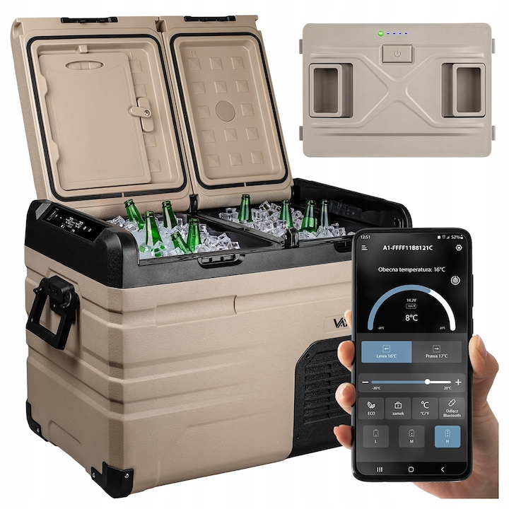 Set Frigider auto cu compresor + Baterie Vayox VA-E39 Expedition Pro Series, 38L 60W, 2 compartimente, Silentios, Maro