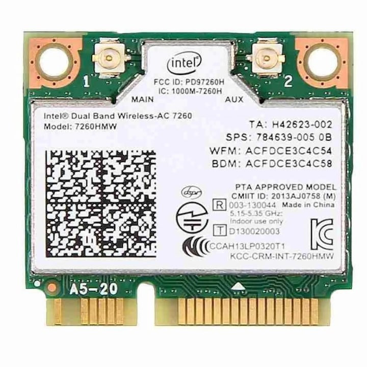 Placa de retea, Intel, 802.11AC, 2.4G 300Mbps, 5G 867Gbps, MINI PCIe, multicolor