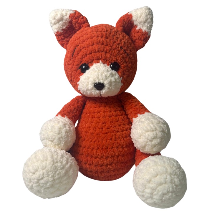 Vulpe crosetata manual cu fir antialergic plusat, Orange, umplutura hipoalergenica, 35 cm