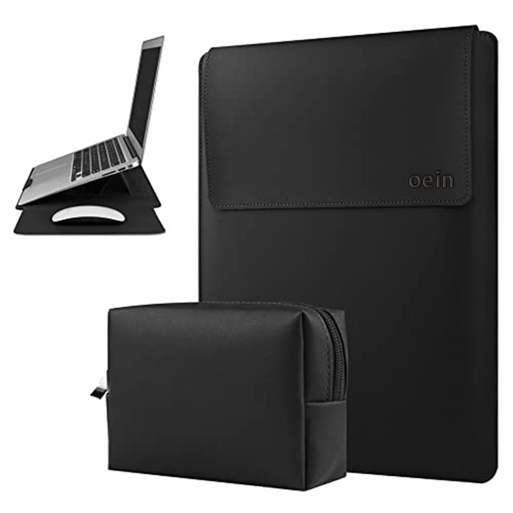 Husa Laptop 15-16 inch, 4 in 1 cu foldable stand, compatibila cu MacBook Air, MacBook Pro, Piele Ecologica, Marime Universala, 28 x 38 cm, Negru