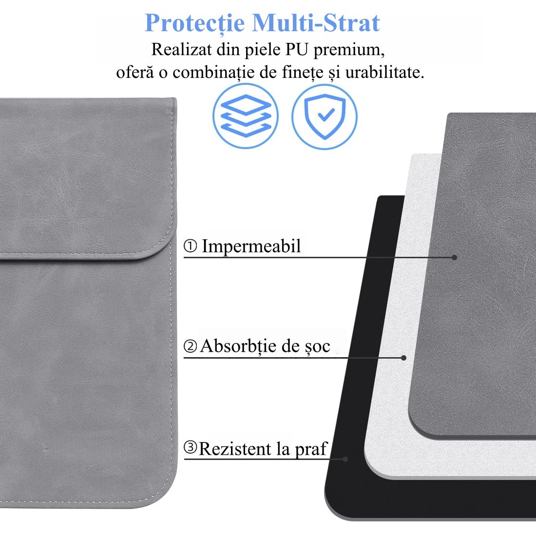 Husa Laptop 15-16 inch, Nasture magnetic, compatibila cu MacBook Air, MacBook Pro, Piele PU, Marime Universala, Gri inchis