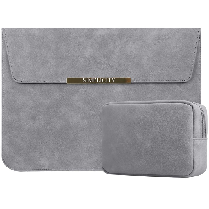 Husa Laptop 15-16 inch, Nasture magnetic, oein®, compatibila cu MacBook Air, MacBook Pro, Piele PU, Marime Universala, Gri inchis