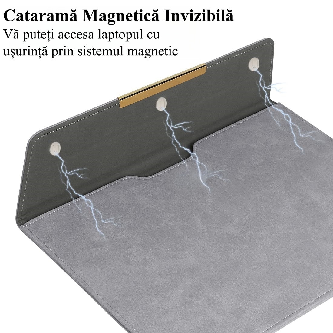Husa Laptop 15-16 inch, Nasture magnetic, compatibila cu MacBook Air, MacBook Pro, Piele PU, Marime Universala, Gri inchis