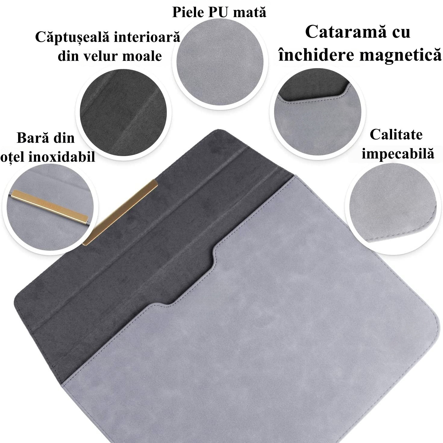 Husa Laptop 15-16 inch, Nasture magnetic, compatibila cu MacBook Air, MacBook Pro, Piele PU, Marime Universala, Gri inchis