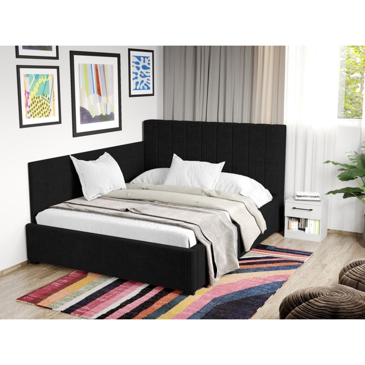 Pat Tapitat de colt, Adam cu Somiera fixa, 180x200, Negru/Poso 135