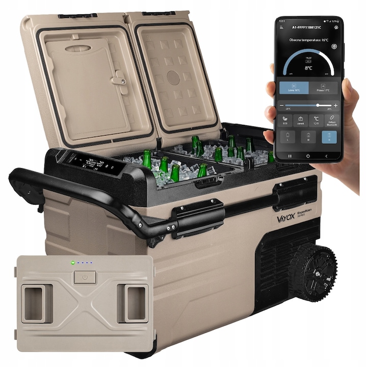 Set Frigider auto cu compresor + Baterie Vayox VA-EW39 Expedition Pro Series, pe roti, 39L 60W, 2 compartimente, Silentios, Maro