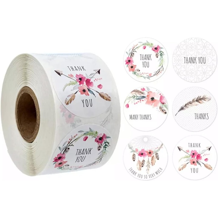 Rola de etichete autoadezive, 500 de autocolante "Multumesc" pentru pungi de cadouri, cu model floral de 1 inch, rola de autocolante de inchidere a plicurilor pentru afaceri, magazine de artizanat si ambalaje, magazine de copt