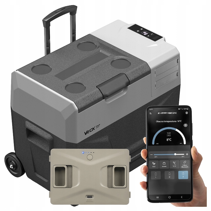Set Frigider Portabil auto cu compresor + Bateria Vayox VA-T40 Travel Series, 40L, roti, un compartiment, DC12/24V, AC 220-240V, Gri