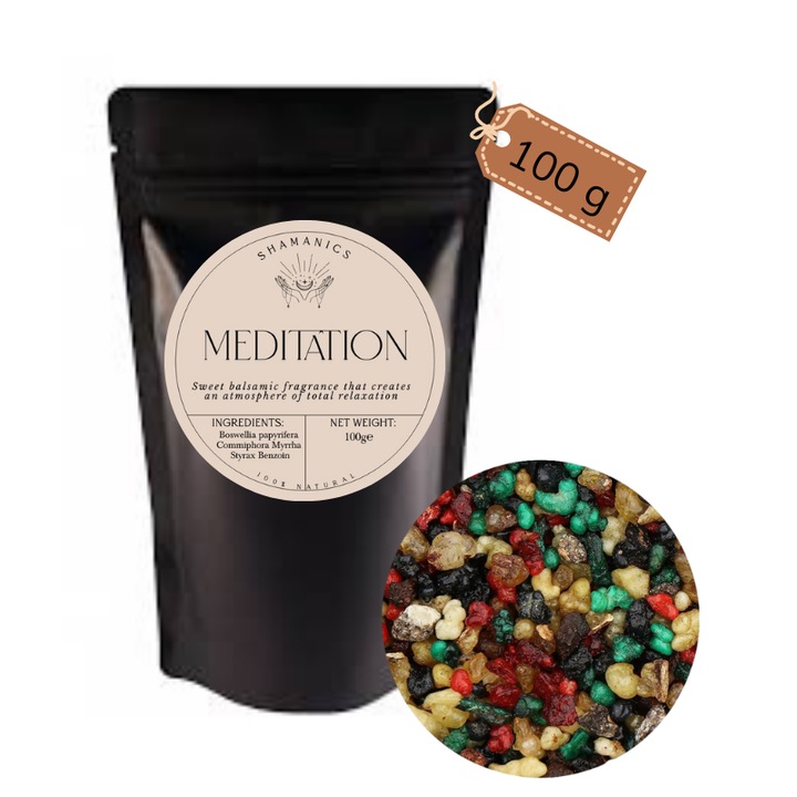 Meditációs természetes tömjén, tömjén, mirha, styrax és benzoin prémium keveréke, 100g