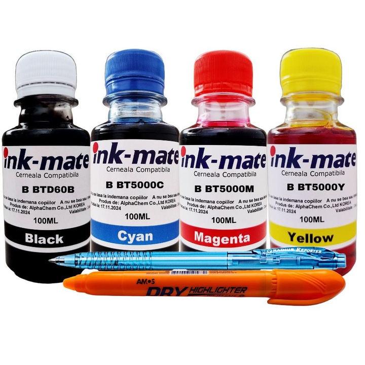 Ink-Mate tintakészlet kompatibilis Brother 1x100ml BTD60BK fekete, 1x100ml BT5000C cián, 1x100ml BT5000M bíbor, 1x100ml BT5000Y sárga, 400 ml + mechanikus toll és Non Tox felirat