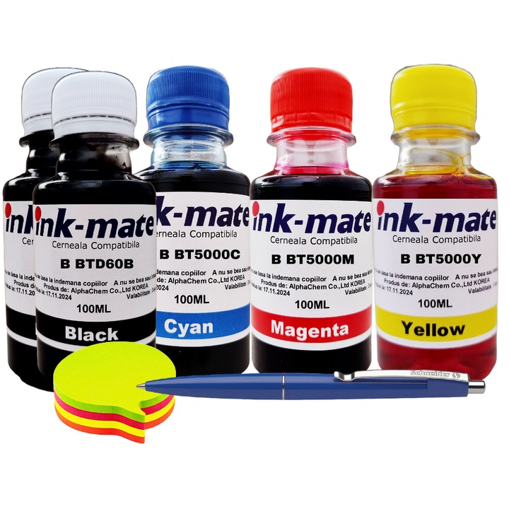 Ink-Mate tintapatronkészlet Brother kompatibilis tintapatronokkal: 2x100ml BTD60BK fekete, 1x100ml BT5000C cián, 1x100ml BT5000M magenta, 1x100ml BT5000Y sárga, 500 ml + Schneider toll és jegyzettömbök 5 színben