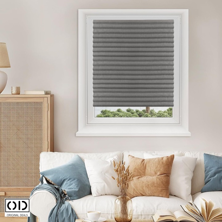 Jaluzea Plisata BlackOut 100% cu Izolatie Termica din Aluminiu, cu Sistem de Prindere Dublu Adeziv Inclus, Model Premium din PVC, Dimensiune 90 x 180 cm, Gri, ORIGINAL DEALS