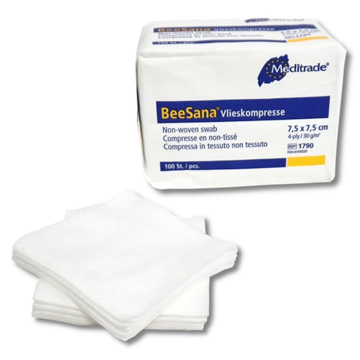 Нестерилни абсорбиращи компреси от нетъкан текстил, 7,5 см х 7,5 см, 4 слоя, 100 броя, Meditrade Germany