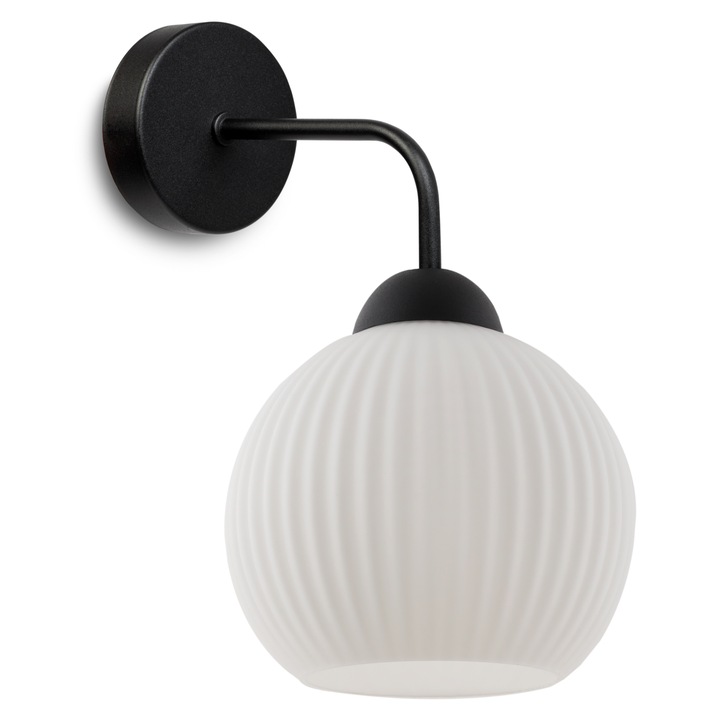 Стенна лампа, Light Home, Riffle, 14 x 14 Cm, 1 светлинна точка, 230 V, стъкло, сферичен абажур, модерен дизайн, черно/бяло, метална конструкция