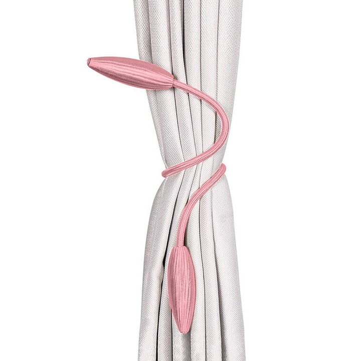 Set 2 curele perdea creative, ajustabile, din bumbac, fara necesitatea gauririi sau instalarii, roz