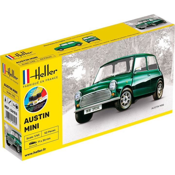 Kit Automodel de construit Heller Austin Mini cu vopseluri pensula si adeziv +14ani 1:43 HELL 56153