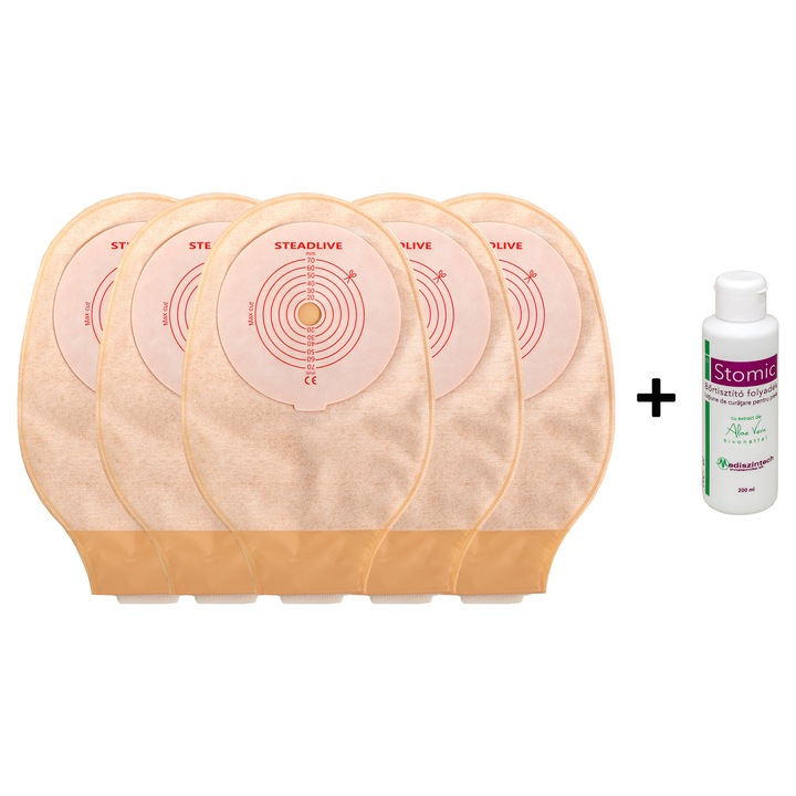 Pachet colostomie/ileostomie ADHESSIVE cu 5 saci Steadlive 20-70 mm, evacuare, filtru, opaci, inchidere velcro +1 Stomic cu Aloe Vera