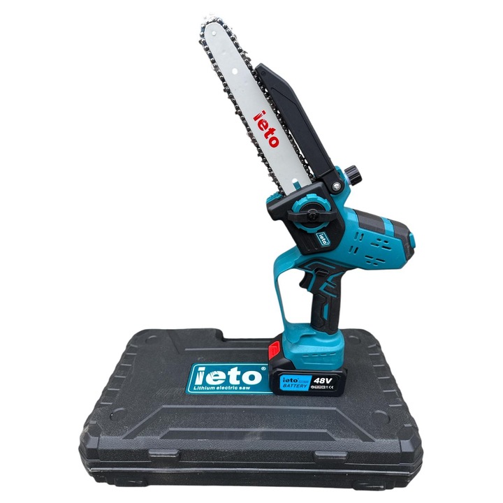 Mini drujba cu acumulator, Ieto, 48 V, 2 baterii, afisaj led, valiza transport, lama 8'', pompita de ungere