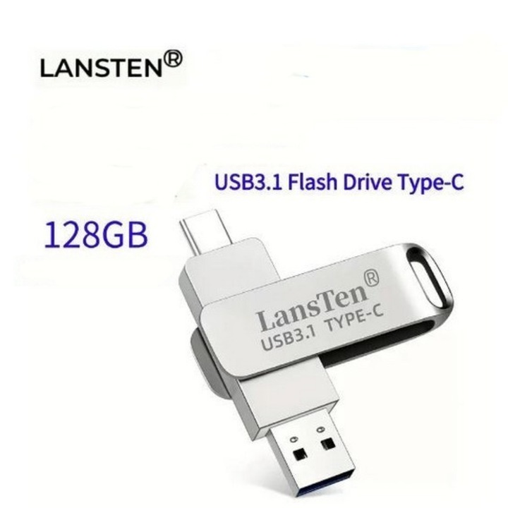 Pen Drive SkyTechs® memorie USB Dual Drive LansTen capacitate 128 GB, USB 3.1, USB Type-C pentru transferul datelor smartphone-uri, tablete si calculatoare metal argintiu