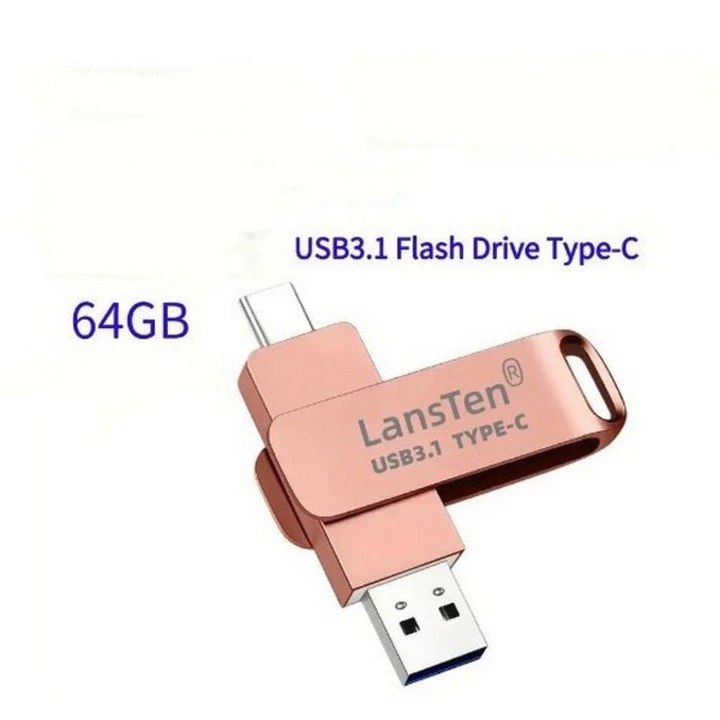 Pen Drive SkyTechs® memorie USB Dual Drive LansTen capacitate 64 GB, USB 3.1, USB Type-C pentru transferul datelor smartphone-uri, tablete si calculatoare metal roz
