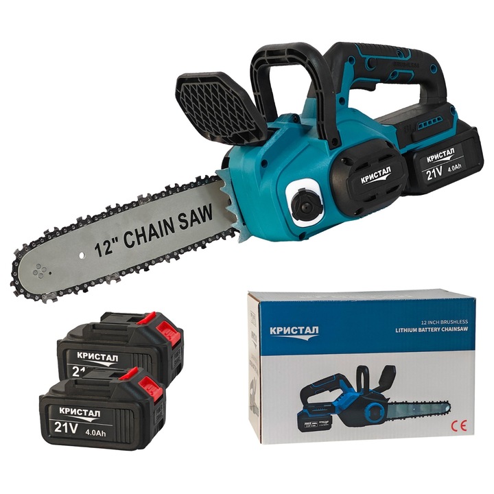 Láncfűrész / mini akkus fűrész DDT-CRISTAL, 21V, 4A, Kefe nélküli, Kefe nélküli motor, 3500 W, Automatikus lánckenés, Penge hossza 40 cm, Ideális tűzifához és fa vágásához