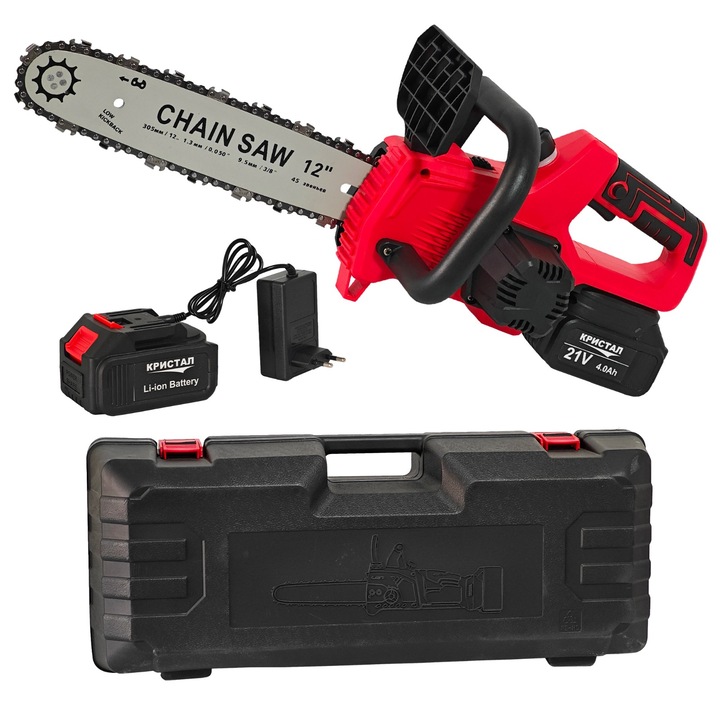 Drujba /mini fierastrau cu acumulator DDT-CRISTAL, 21V,4A, Indicator procentaj baterie, sistem de ungere automat, Lama+Lant 12"Geanta transport, Rosu-Negru