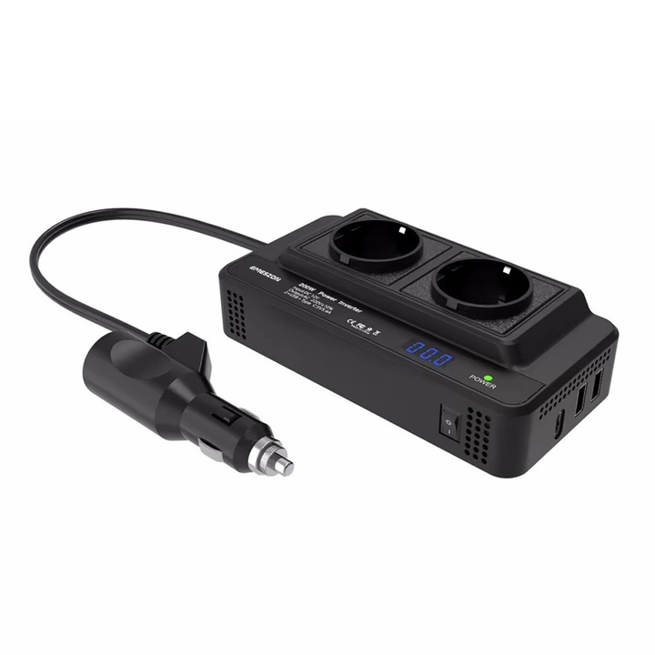 Автомобилен инвертор на напрежение 12V, EMESZON® M8300-2, Мощност 200W, Изход AC 220V-230V 50Hz и DC 2xUSB-A, 1xType-C 5V 5.4A, Quick Charge 3.0, Fast Charging, Voltage Display, 6 Multiple Protections, Черен