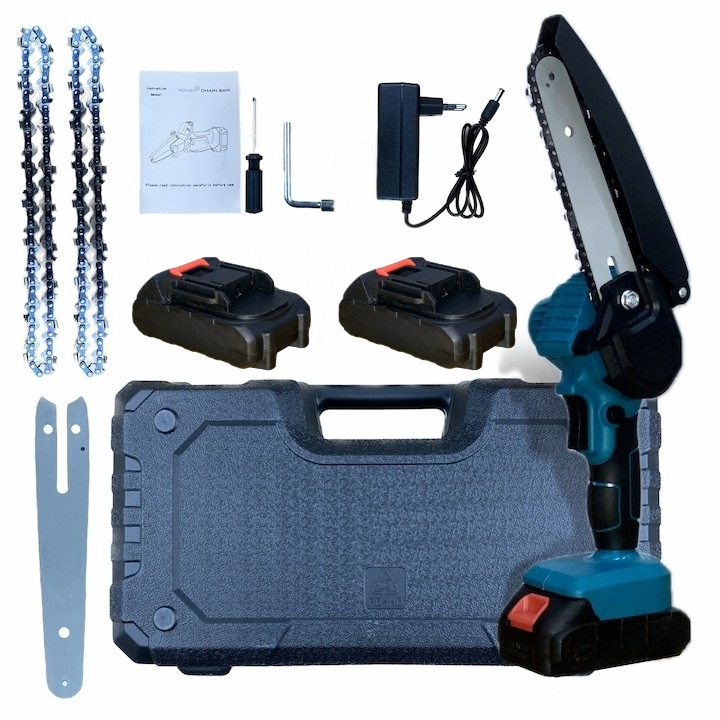 Мини електрически верижен трион, 24 V, 2 батерии, 2 вериги, 1 15 cm нож, преносим и мощен, идеален за рязане на дърва, градинарство и поддръжка, лесен за използване