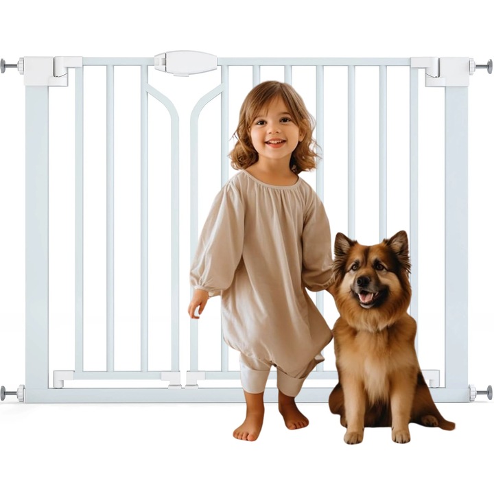 Предпазна преграда BabyBlock 08 с две врати, 95-102 + 14 см удължение, многофункционална за деца/домашни любимци, система с двойно заключване, автоматично затваряне, монтаж без дупки/монтаж под налягане, двупосочно отваряне, универсална, бяла