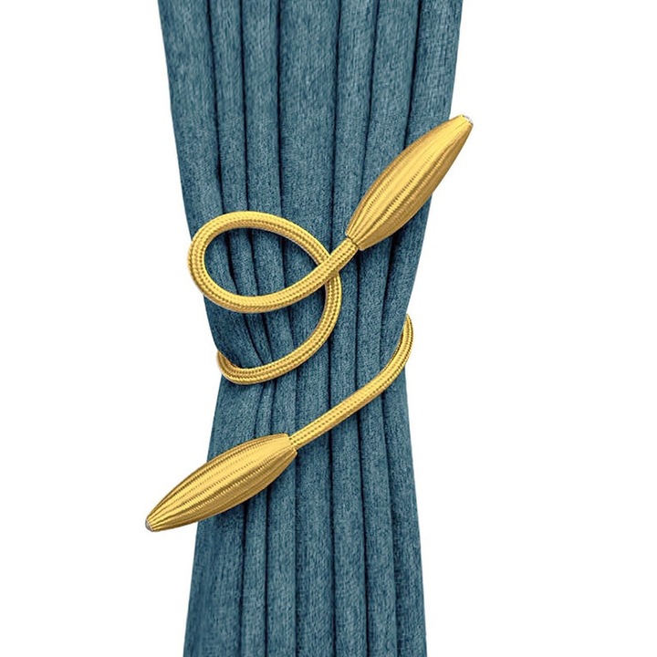 Set 2 curele decorative pentru perdele, ajustabile, din bumbac, design impletit manual, auriu