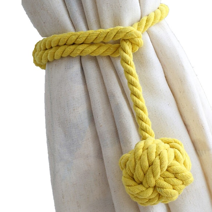 Set 2 curele perdea din bumbac tesute manual, stil bohemian, galben, accesorii ajustabile