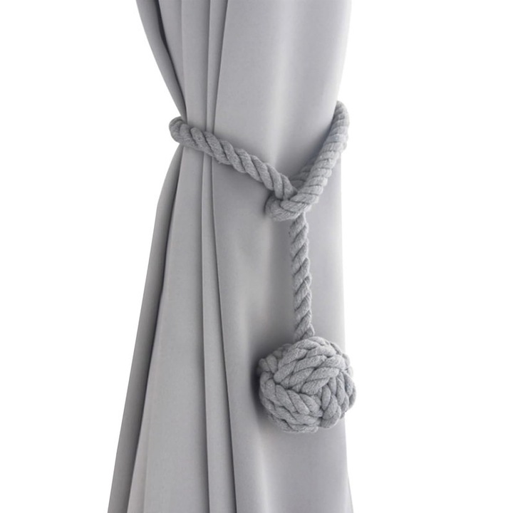 Set 2 curele perdea din bumbac tesute manual, stil bohemian, gri, accesorii ajustabile