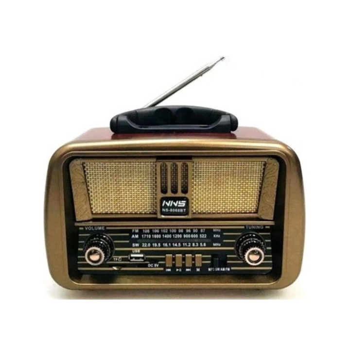 Radio Retro Portabil, NS - 8068 Baterie Incorporata, Bluetooth, USB, SD Card, FM/AM/SW