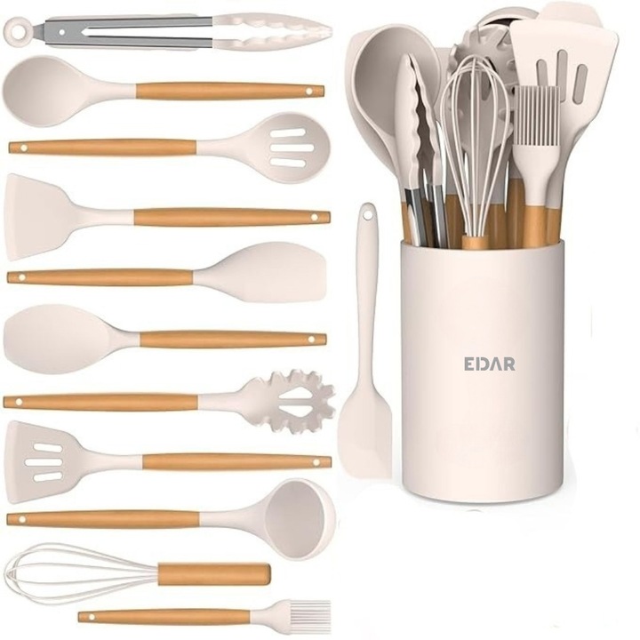 Set De 12 Ustensile Bucatarie Cu Suport EDAR, Din Lemn Natural Si Silicon Alimentar, Antiaderente Si Rezistente La Temperatura, Alb