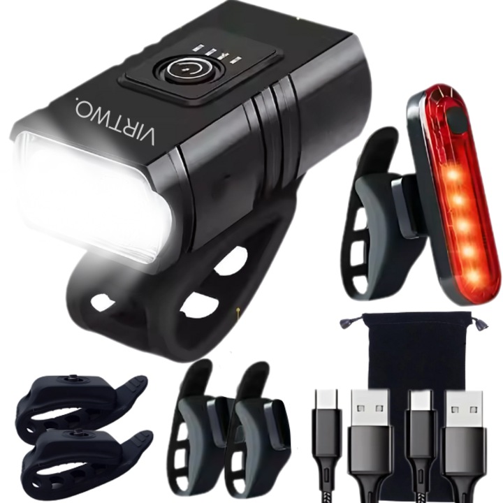 Set Lumini Bicicleta, Trotineta, VIRTWO.™, Far LED 1000 Lumeni, Rezistent la Apa, 6 Moduri de Iluminare, Stop Spate Rotativ cu 4 Moduri, Reincarcabil USB, 2 Extra Suporturi de Prindere, 2 Cabluri USB si Husa de Transport Incluse