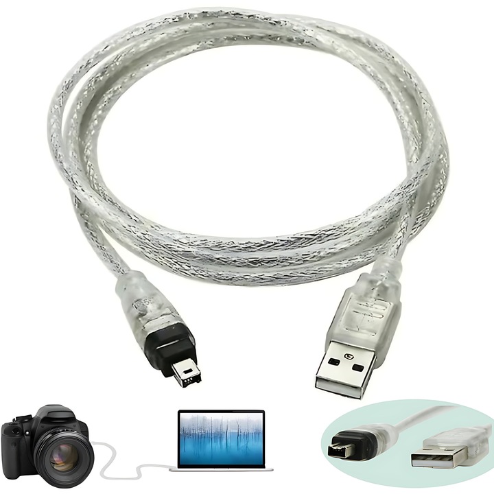 Cablu adaptor USB la Firewire 1394, Dussdote, 4 pini, 1.5 m, nu este usor de rupt, argintiu
