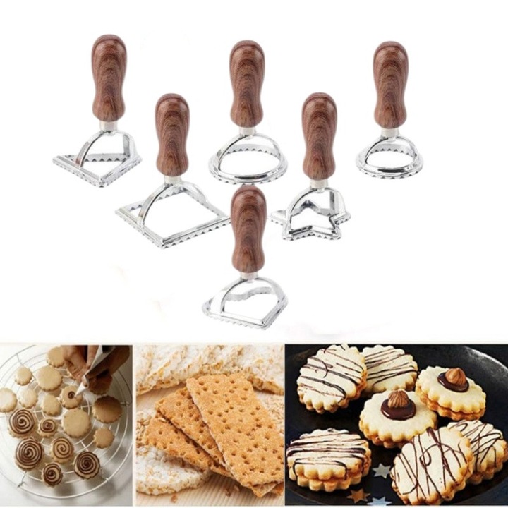 Set de 6 forme pentru ravioli, BOMSTOM, din lemn si ABS, diverse forme, margine zimtata, maro/argintiu