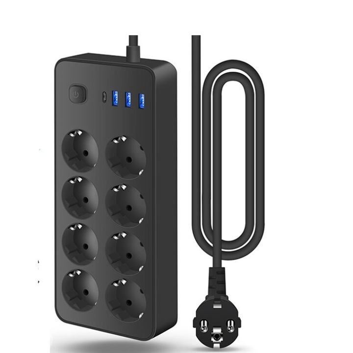 Prelungitor cu 8 prize, 3 USB si Type-C, 1.8m, protectie la supratensiune, ABS