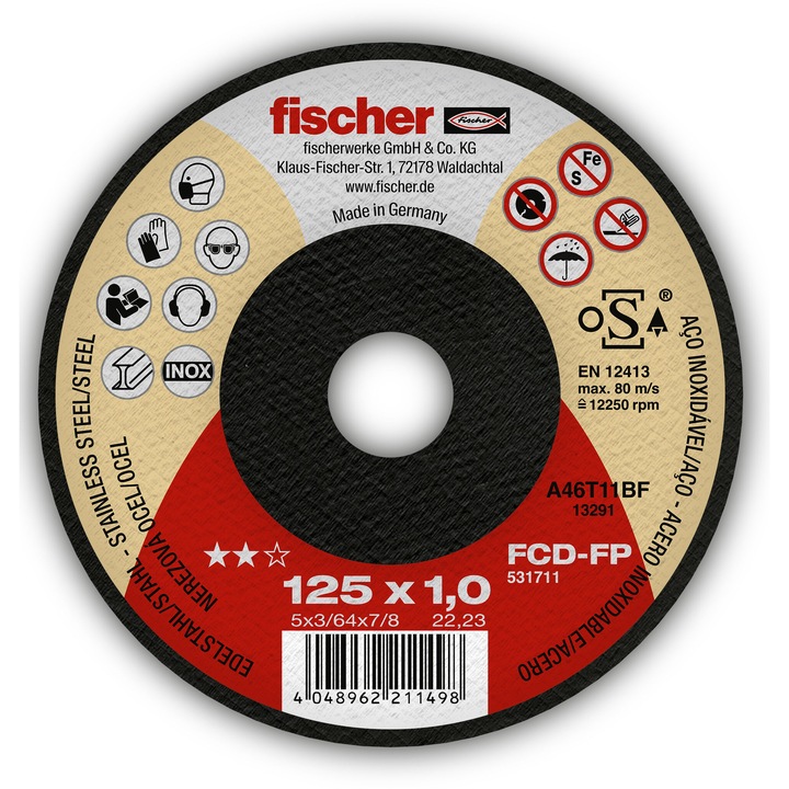 Disc de taiere otel si otel inoxidabil fischer FCD-FP profesional 125 x 1.0 x 22.23, 1buc