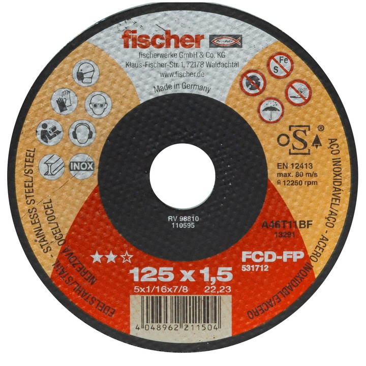 Disc de taiere otel si otel inoxidabil fischer FCD-FP profesional 125 x 1.5 x 22.23, 1buc