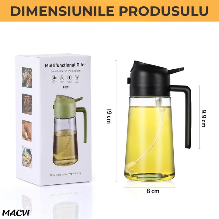 Sticla dozatoare ulei Macvi® 2 in 1, 470ml, cu pulverizator si turnare, control precis, sticla termorezistenta